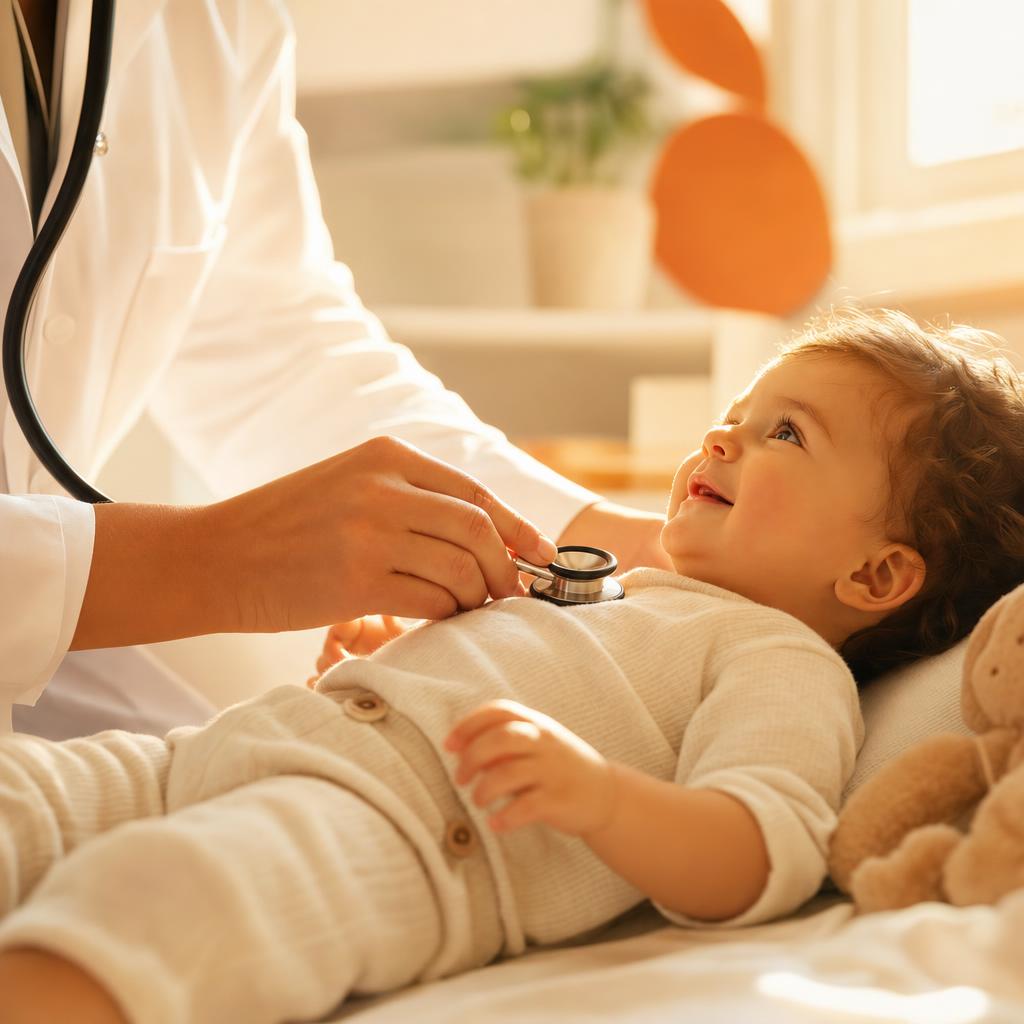 Pediatra examinando com cuidado uma criança em consulta